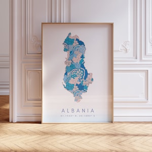 Albania diseñador mapa imprimir arte de la pared azul, decoración de impresión de arte de Albania para el hogar o regalo, cartel de la pared del mapa del país de Albania, impresión de mapa mínima