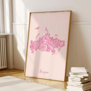 Russia Digital Pink Minimal Map Print Wall Art, Russia Map Art Print Decor For Home or Housewarming Gift, Russia Country Map Print