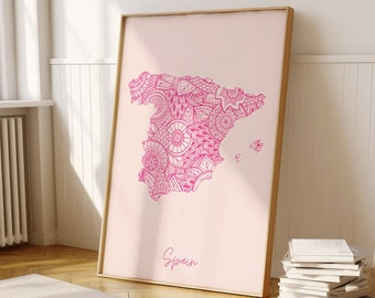 Spain Digital Pink Minimal Map Print Wall Art, Spain Map Art Print Decor For Home or Housewarming Gift, Spain Country Map wall Print
