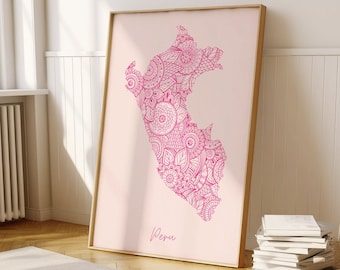 Peru Digital Pink Minimal Map Print Wall Art, Peru Map Art Print Decor For Home or Housewarming Gift, Peru Country wall Map Print