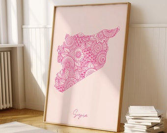 Syria Digital Pink Minimal Map Print Wall Art, Syria Map Art Print Decor For Home and Office or Housewarming Gift, Syria Country Map