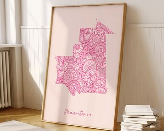 Impression d'art mural numérique rose de la Mauritanie, carte de la Mauritanie, impression d'art déco pour la maison ou cadeau de pendaison de crémaillère, carte du pays de la Mauritanie
