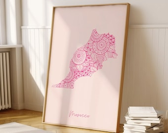 Marokko digitale roze minimale kaart print kunst aan de muur, Marokko kaart Art Print decor voor thuis of housewarming cadeau, Marokko land kaart poster