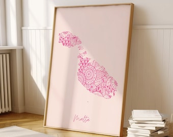 Malta Digital Pink Minimal Map Print Wall Art, Malta Map Art Print Decor For Home or Housewarming Gift, Malta Country Wall Map Print