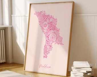 Moldova Digital Pink Minimal Map Print Wall Art, Moldova Map Art Print Decor For Home or Housewarming Gift, Moldova Country Wall Map Print