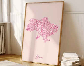 Ucrania Digital Pink Minimal Map Print Wall Art, Ucrania país Mapa Arte Impresión Decoración para el hogar y la oficina o regalo de inauguración de la casa