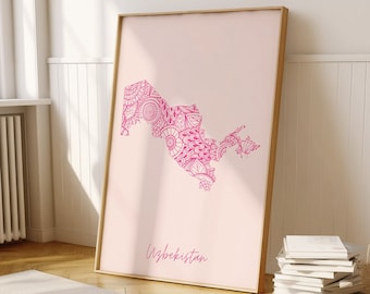 Mappa digitale rosa minima dell'Uzbekistan stampa arte da parete, mappa del paese minimo dell'Uzbekistan stampa artistica Decor per casa e ufficio o regalo di inaugurazione della casa