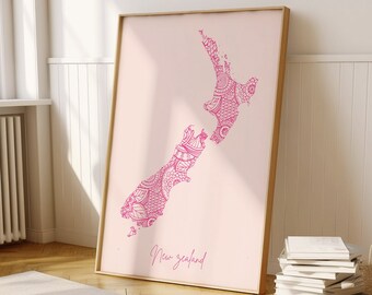 New Zealand Digital Pink Minimal Map Print Wall Art, New Zealand Map Art Print Decor For Home or Housewarming Gift, New Zealand Country Map