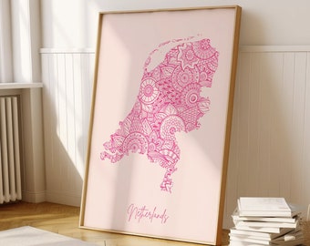 Netherlands Digital Pink Minimal Map Print Wall Art, Netherlands Map Art Print Decor For Home or Housewarming Gift, Netherlands Country Map