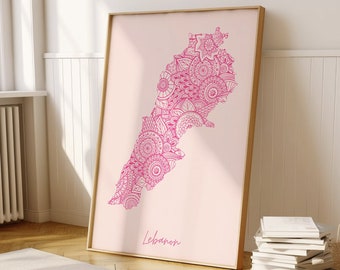 Lebanon Digital Pink Minimal Map Print Wall Art, Lebanon Map Art Print Decor For Home or Housewarming Gift, Lebanon Country Wall Map Print
