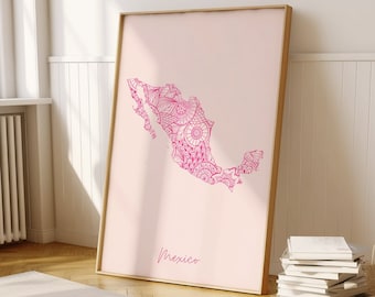 Mexico Digital Pink Minimal Map Print Wall Art, Mexico Map Art Print Decor For Home or Housewarming Gift, Mexico Country Wall Map Print