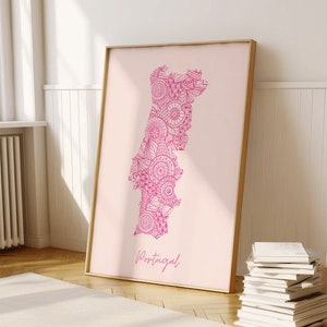 Portugal Digital Pink Minimal Map Print Wall Art, Portugal Map Art Print Decor For Home or Housewarming Gift, Portugal Country Map Print