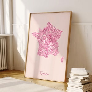 Francia Digital Pink Minimal Map Print Wall Art, Francia Mapa Arte Impresión Decoración para el hogar o regalo de inauguración de la casa, Francia País pared Mapa Impresión