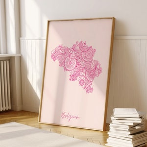 Belgium Digital Pink Minimal Map Print Wall Art, Belgium Map Art Print Decor For Home or Housewarming Gift, Belgium Country Map, Map Gift