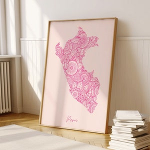 Perú Digital Pink Minimal Map Print Wall Art, Perú Mapa Arte Impresión Decoración para el hogar o regalo de inauguración de la casa, Perú País pared Mapa Impresión