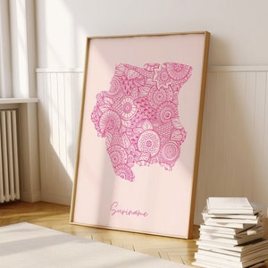 Suriname digitale roze minimale kaart print kunst aan de muur, Suriname kaart Art Print decor voor thuis of housewarming cadeau, Suriname landkaart afdrukken