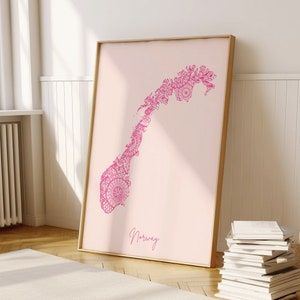 Norway Digital Pink Minimal Map Print Wall Art, Norway Map Art Print Decor For Home or Housewarming Gift, Norway Country Wall Map Print