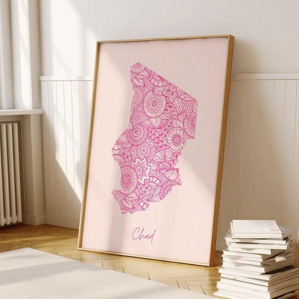 Chad Digital Pink Minimal Map Print Wall Art, Chad Map Art Print Decor For Home or Housewarming Gift, Chad Country Map, Chad Airbnb Map
