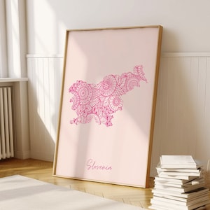 Slovenië digitale roze minimale kaart print kunst aan de muur, Slovenië kaart Art Print decor voor thuis of housewarming cadeau, Slovenië landkaart afdrukken