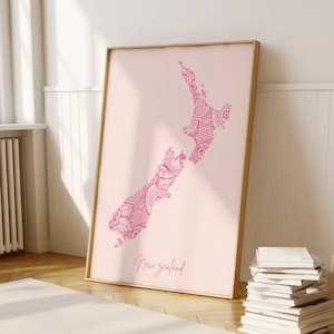 Neuseeland Digitale Rosa Minimal Karte Druck Wandkunst, Neuseeland Karte Kunstdruck Dekor für Haus oder Housewarming Geschenk, Neuseeland Landkarte