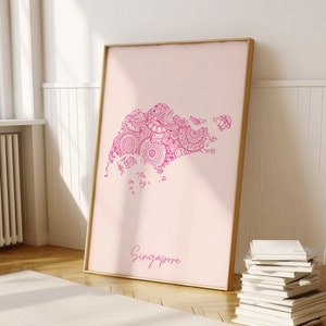 Singapore digitale roze minimale kaart print kunst aan de muur, Singapore kaart Art Print decor voor thuis of housewarming cadeau, Singapore land kaart afdrukken