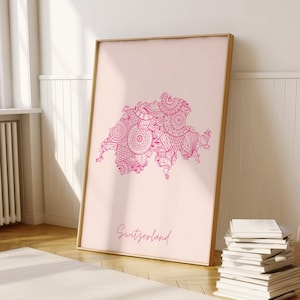 Zwitserland digitale roze minimale kaart print kunst aan de muur, Zwitserland kaart Art Print decor voor thuis en op kantoor of housewarming cadeau