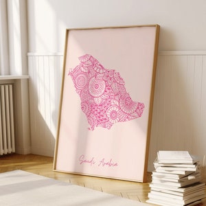 Saoedi-Arabië digitale roze minimale kaart print kunst aan de muur, Saoedi-Arabië kaart Art Print decor voor thuis of housewarming cadeau, Saoedi-Arabië kaart afdrukken