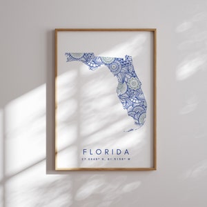 Florida US State Blue Minimal Style Map Print, Florida USA State Map Art Print Decor voor thuis of als cadeau, Florida State verticale kaart