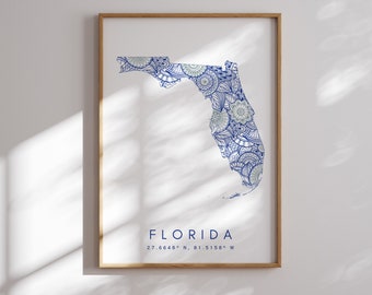 Florida  US State Blue Minimal Style Map Print, Florida USA State Map Art Print Decor For Home or Gift, Florida  State vertical Map