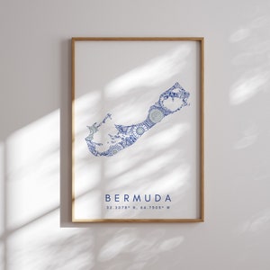 Bermudas mapa imprimir estilo minimalista azul pared arte, Bermudas arte impresión decoración para el hogar o regalo, cartel de mapa de color de Bermudas, impresión de mapa urbano