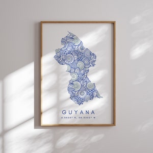 Guyana Map Print Minimal Style Blue Wall Art, Guyana Art Print Decor For Home or Gift, Guyana Color Vertical Style Map Poster
