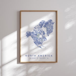 North America Map Print Minimal Style Blue Wall Art, North America Art Print Decor For Home or Gift, North America Continent Color Map print