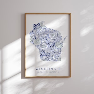 Impression de carte de style minimal bleu de l'État du Wisconsin, carte d'État du Wisconsin, États-Unis, impression d'art déco pour la maison ou un cadeau, carte verticale de l'État du Wisconsin