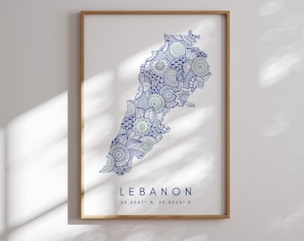 Lebanon Map Print Minimal Style Blue Wall Art, Lebanon Art Print Decor For Home or Gift, Lebanon vertical style print