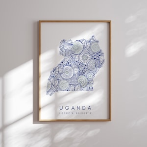 Uganda mapa imprimir estilo minimalista arte de la pared azul, decoración de impresión de arte de Uganda para el hogar o regalo, impresión de mapa de color de viaje urbano vertical de Uganda