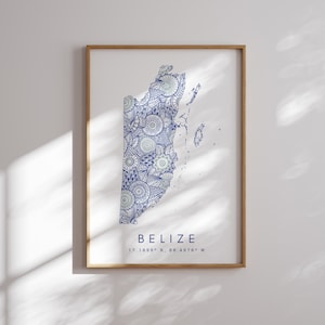 Impresión de mapa de Belice Arte de pared azul de estilo minimalista, decoración de impresión de arte de Belice para el hogar o regalo, cartel de mapa de color de Belice, impresión de mapa urbano
