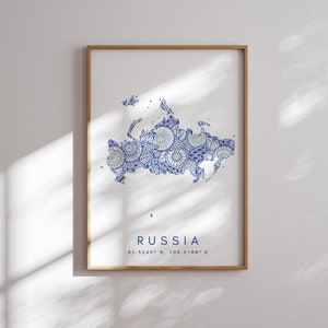 Impressão de mapa da Rússia estilo mínimo arte de parede azul, impressão de arte da Rússia decoração para casa ou presente, impressão de mapa de paisagem vertical da Rússia, pôster da Rússia