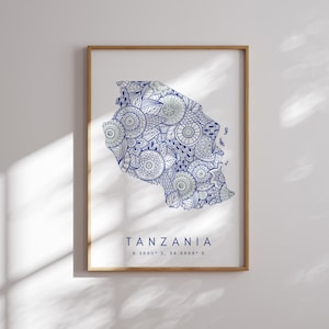 Tansania Karte Print Minimal Style Blaue Wandkunst, Tansania Art Print Decor For Home or Gift, Tansania Vertikal Travel Color Map Print