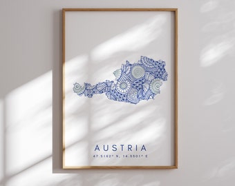 Austria Map Print Minimal Style Blue Wall Art, Austria Art Print Decor For Home or Gift, Austria Color Map Poster, Urban Map Art Print