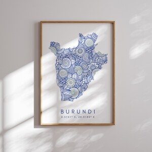 Carte du Burundi impression art mural bleu style minimaliste, impression d'Art du Burundi déco pour la maison ou un cadeau, affiche de carte en couleur du Burundi, impression de carte de Style urbain