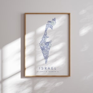 Israël Carte Imprimer Style minimal Art mural bleu, Israël Art Print Décor pour la maison ou un cadeau