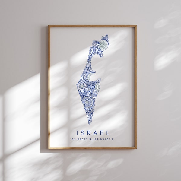 Mapa de Israel Imprimir arte de pared azul de estilo minimalista, decoración de impresión de arte de Israel para el hogar o regalo