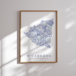 Nicaragua mapa imprimir estilo minimalista azul pared arte, Nicaragua arte impresión decoración para el hogar o regalo, Nicaragua vertical paisaje mapa impresión