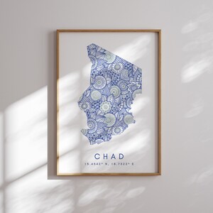 Chad Map Print Minimal Style Blue Wall Art, Chad Art Print Decor For Home or Gift, Chad Color Map Poster, Urban Style Map Print