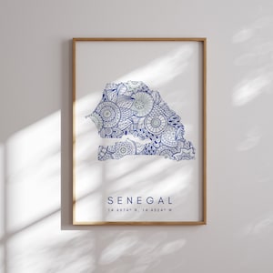 Impressão de mapa do Senegal estilo mínimo arte de parede azul, impressão de arte do Senegal decoração para casa ou presente, impressão de mapa de paisagem vertical do Senegal
