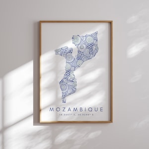 Mosambik Karte Druck Minimal Style Blaue Wandkunst, Mosambik Kunstdruck Dekor für Haus oder Geschenk, Mosambik vertikaler Landschaftsdruck