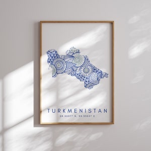 Turkmenistan Map Print Minimal Style Blue Wall Art, Turkmenistan Art Print Decor For Home or Gift, Turkmenistan Color Travel Map Print,