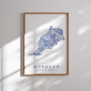 Morocco Map Print Minimal Style Blue Wall Art, Morocco Art Print Decor For Home or Gift, Morocco vertical Landscape style print