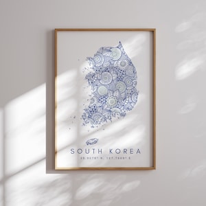 South Korea Map Print Minimal Style Blue Wall Art, South Korea Art Print Decor For Home or Gift, South Korea Travel Color Map Print