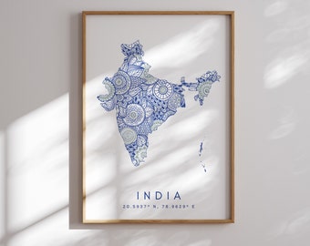 India Map Print Minimal Style Blue Wall Art, India Art Print Decor For Home or Gift, India Color Vertical Style Map Poster
